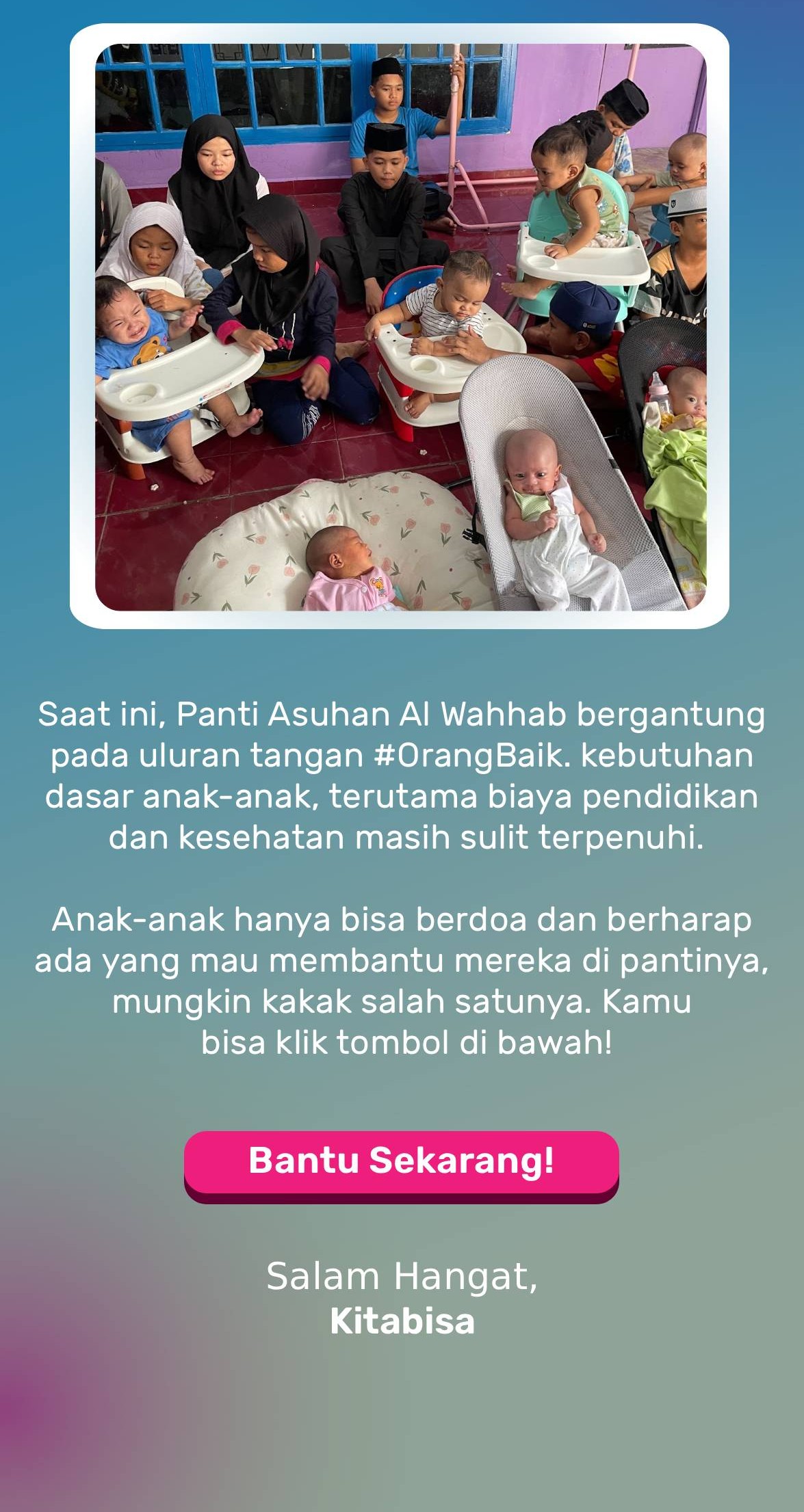 Saat ini, Panti Asuhan Al Wahhab bergantung pada uluran tangan #OrangBaik. kebutuhan dasar anak-anak, terutama biaya pendidikan dan kesehatan masih sulit terpenuhi.