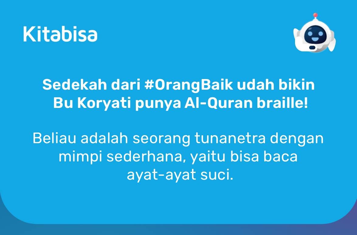 Sedekah dari #OrangBaik udah bikin Bu Koryati punya Al-Quran braille!  Beliau adalah seorang tunanetra dengan mimpi sederhana, yaitu bisa membaca ayat-ayat suci